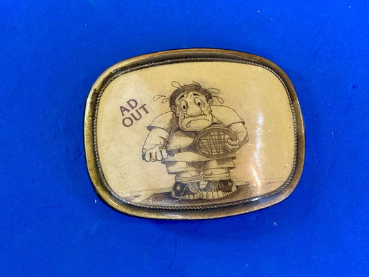 Vintage 1980'S "Ad Out ' Tennis  Humor Belt Buckle Brass Enamel Squirrel Club