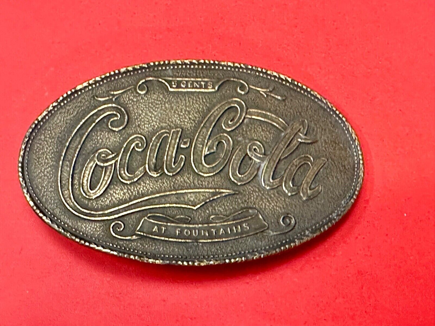 VINTAGE 1970s **COCA-COLA 5 CENTS AT FOUNTAINS** SODA POP BELT BUCKLE