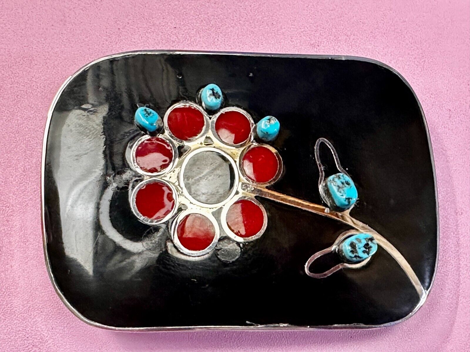 Turquoise Stone Floral Theme Native American Indian Artisan Silver Belt Buckle