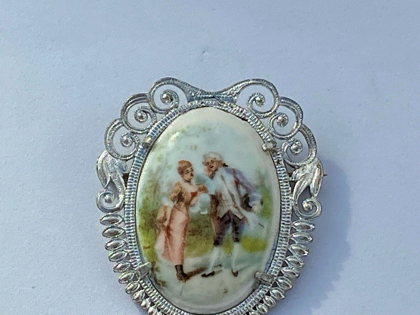 Victorian Courting Couple - Porcelain Painting Silver Tone Cab Oval Brooch Pin