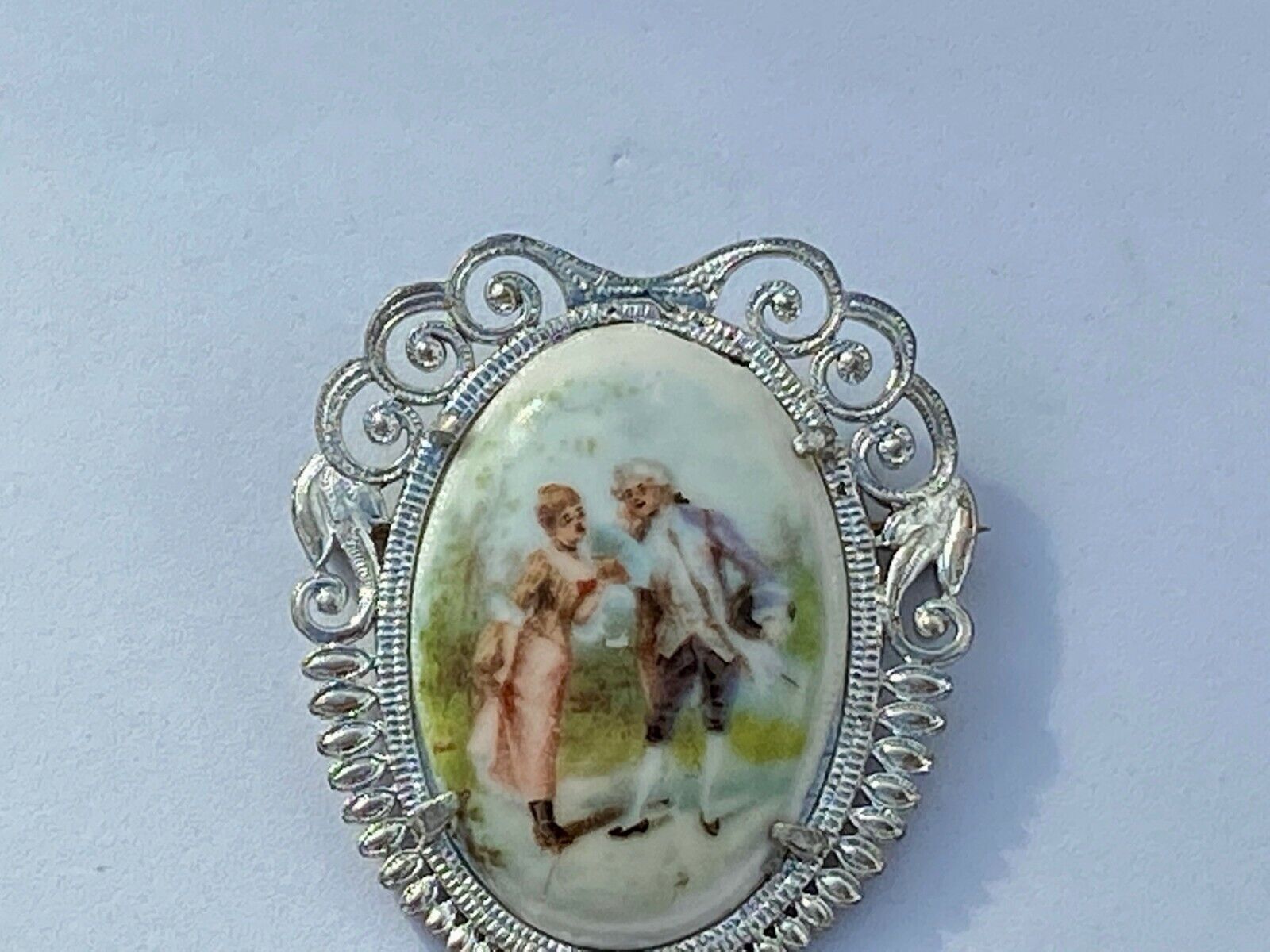 Victorian Courting Couple - Porcelain Painting Silver Tone Cab Oval Brooch Pin
