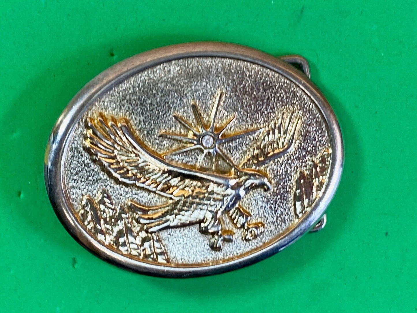 Vintage Flying Classic Bald Eagle With Rhinestone As Sun Starburst Belt Buckle 
