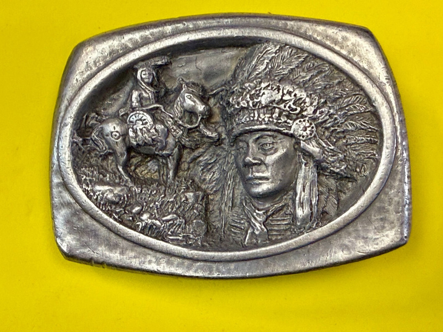 American Indian Chief Head with Headdress Silver Tone VTG 1988 C+J Belt Buckle