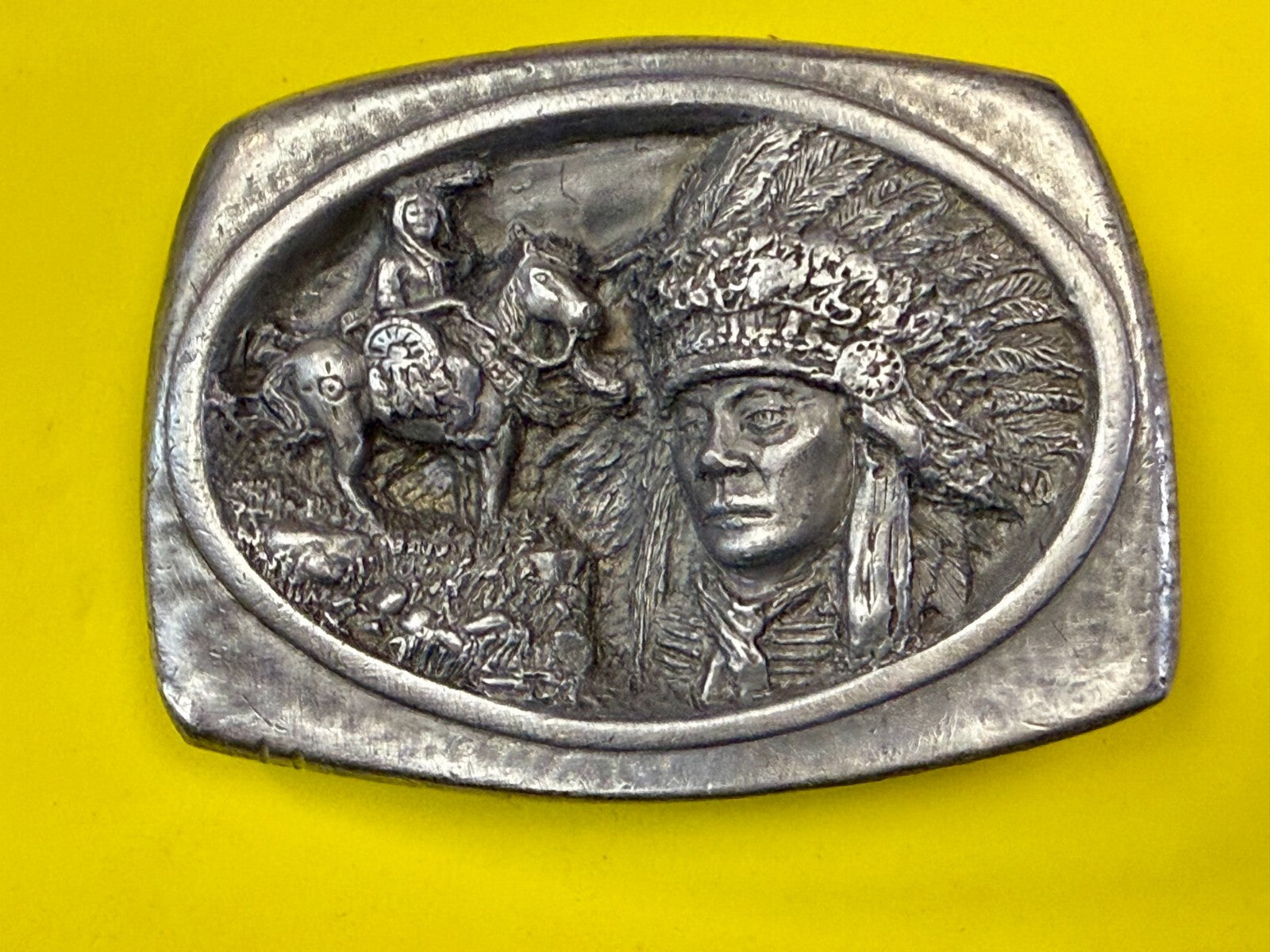 American Indian Chief Head with Headdress Silver Tone VTG 1988 C+J Belt Buckle