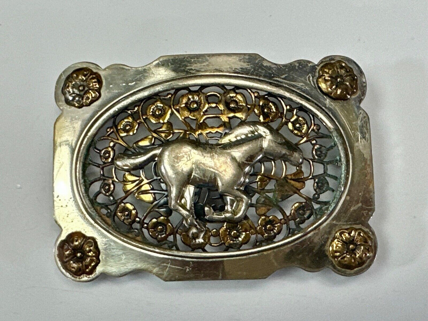 Unique Running Horse in ornate cutout see through vintage two tone belt buckle