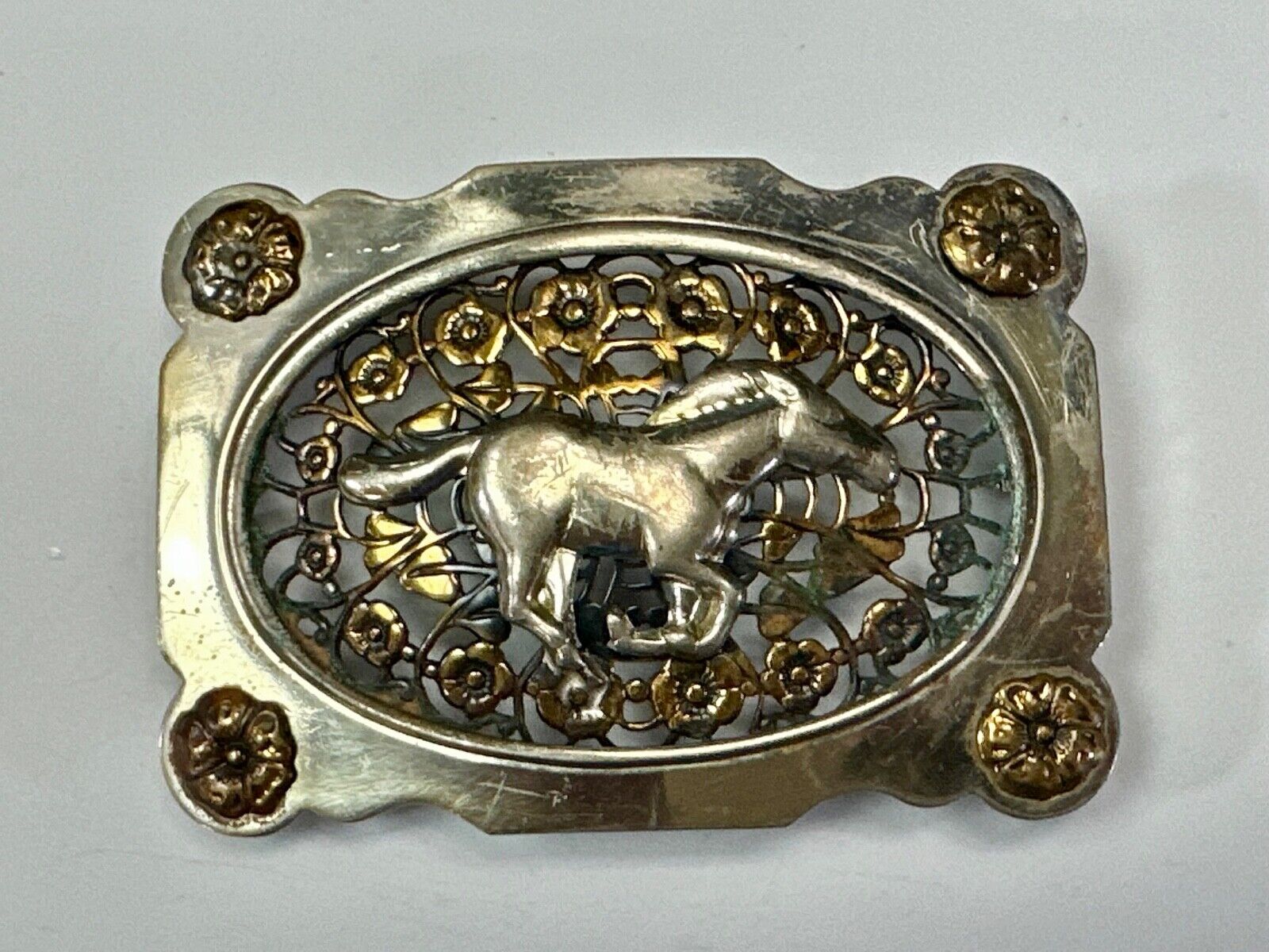 Unique Running Horse in ornate cutout see through vintage two tone belt buckle