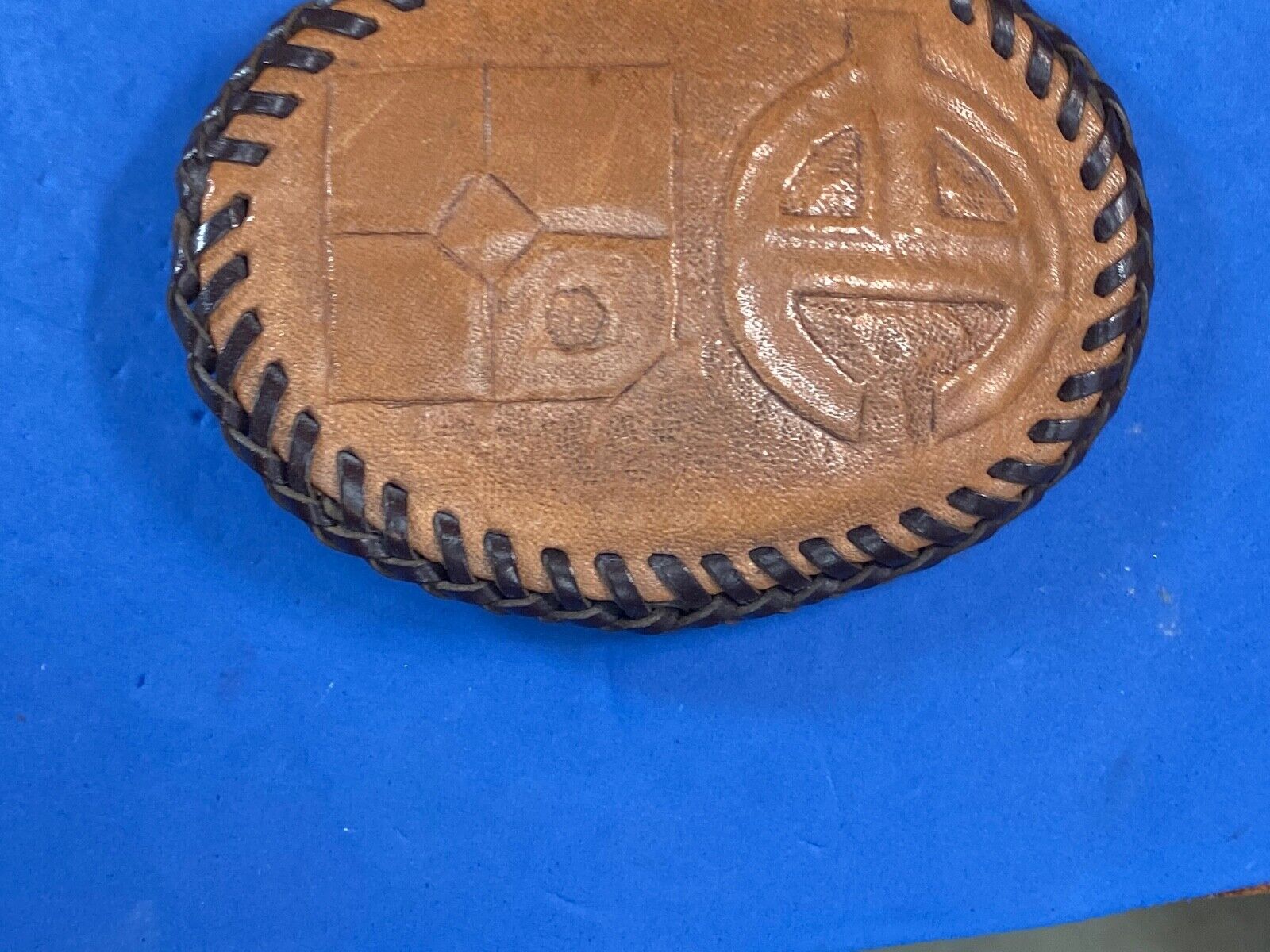 Vintage - Leather stitched belt buckle with Oil? company logo 