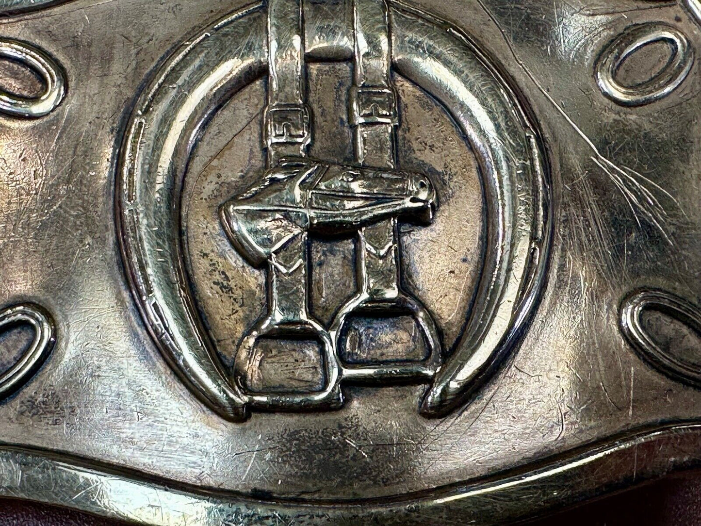Vintage horse, head &  stirrups western lucky horseshoe belt buckle