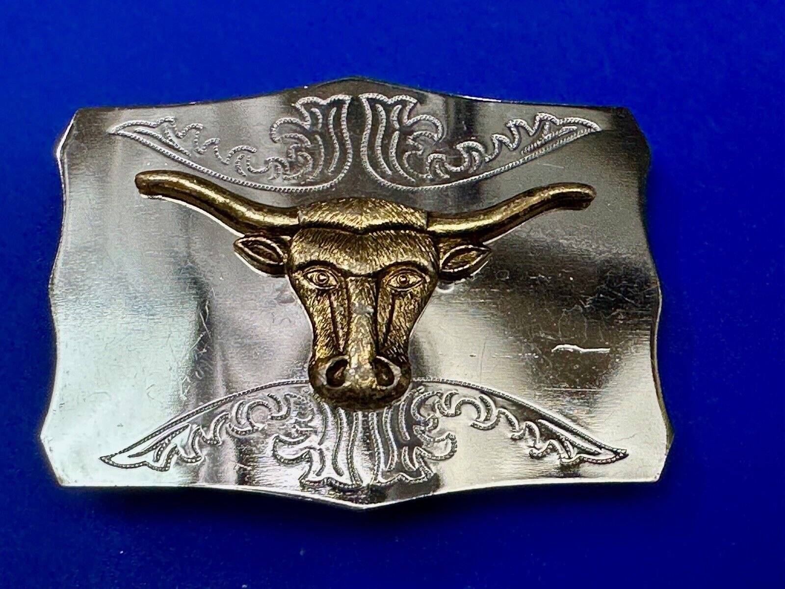 Two tone Raised Longhorn Cow Steer on Vintage Belt Buckle made in Japan