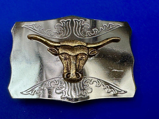 Two tone Raised Longhorn Cow Steer on Vintage Belt Buckle made in Japan