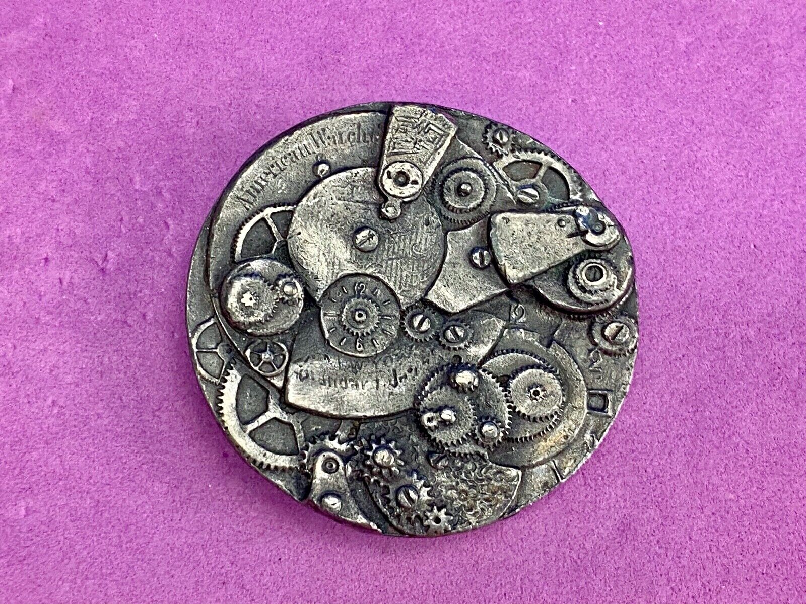 Vintage ART piece Clock gears round belt buckle - AWSOME detail!  USA seal back