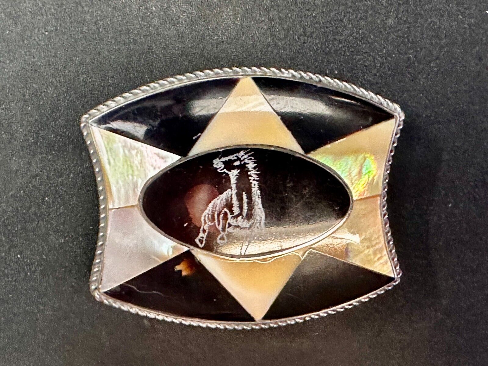 Antique Etched Bronco Mother of Pearl Inlay Artisan Silver? Belt Buckle