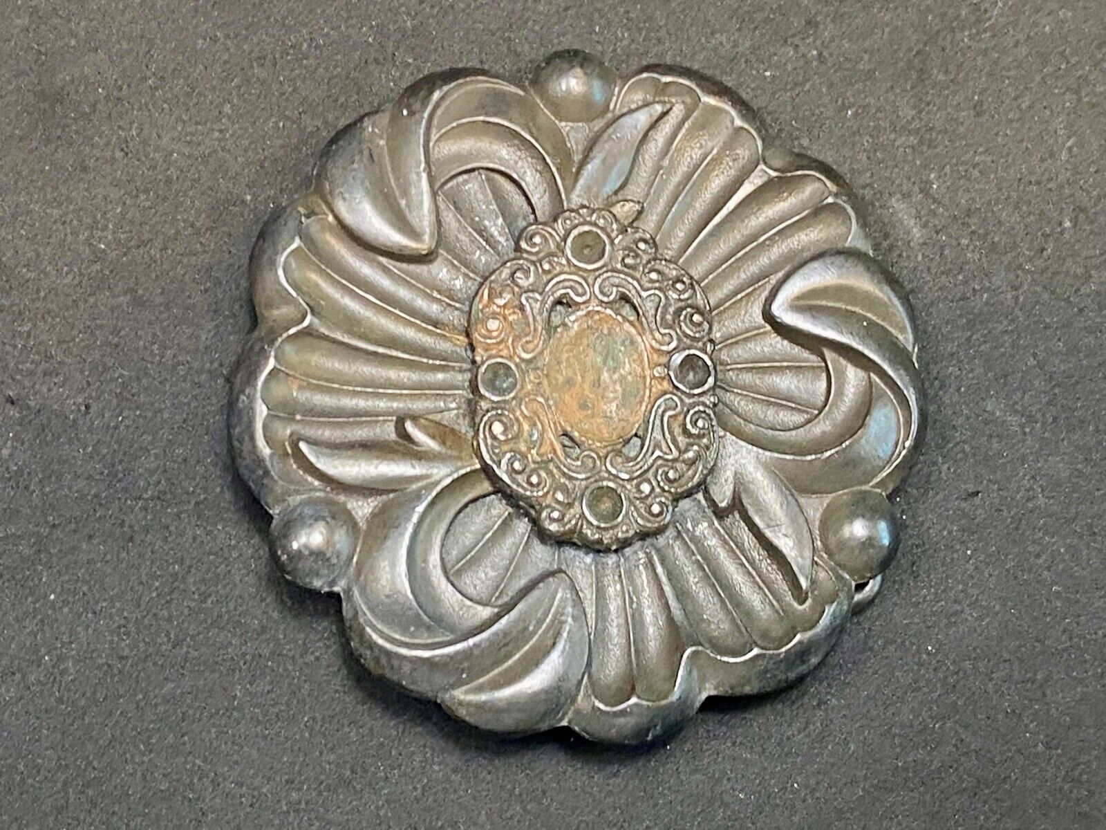 Vintage Antique? Black Flower belt buckle marked BF. - missing stones
