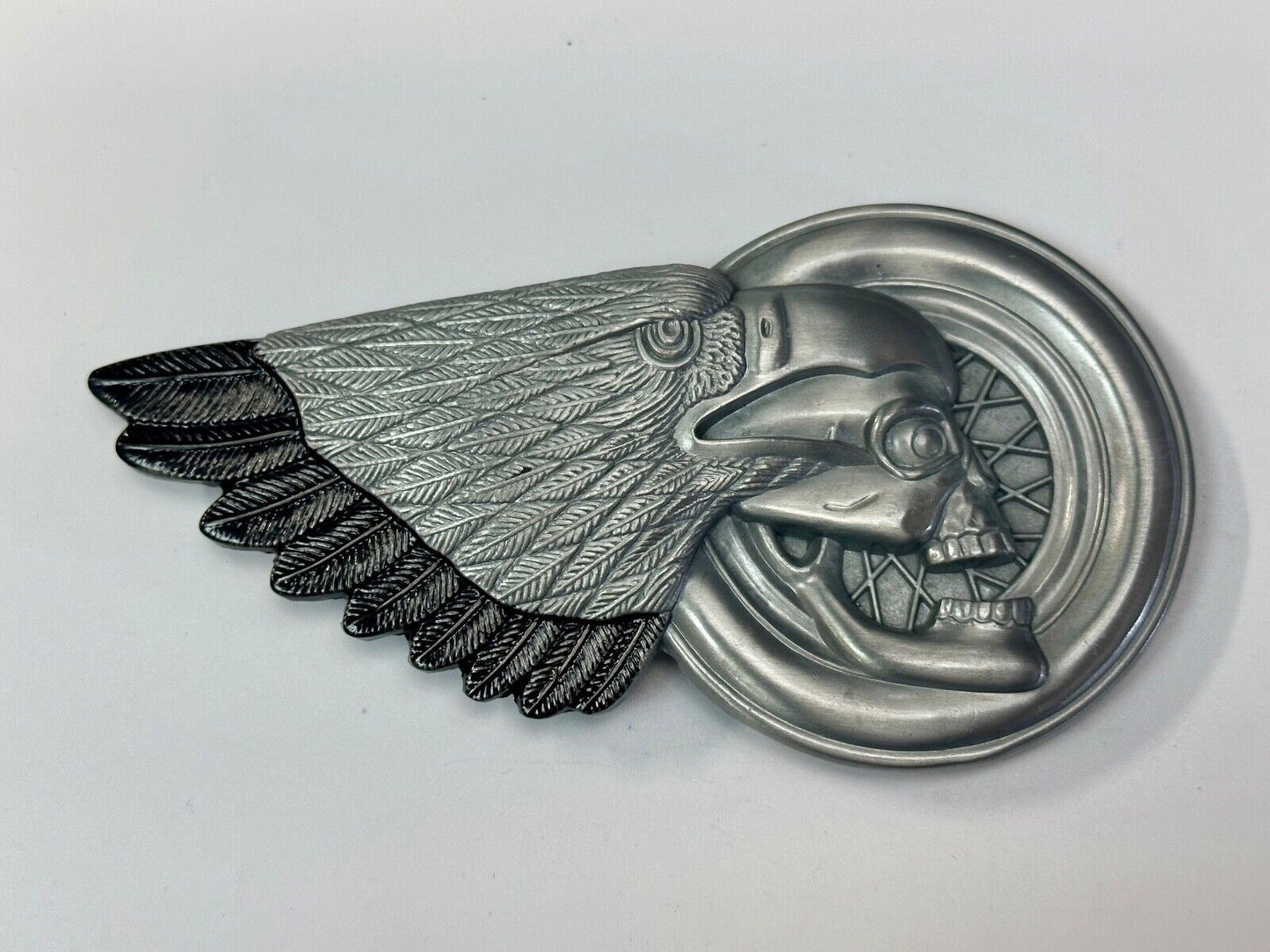 Bikers Skull with Eagle Wing and Motorcycle Wheel figural belt buckle