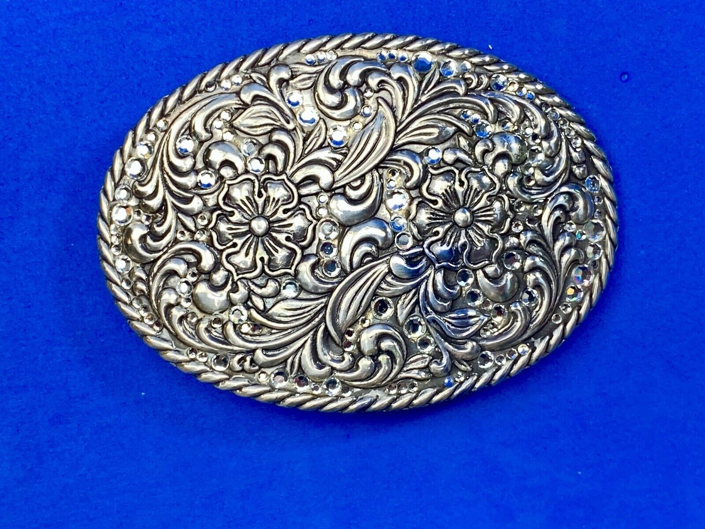 Vintage Flower Swirl Belt Buckle Floral patterns with rhinestone accents 
