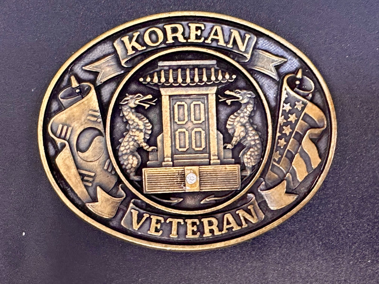 American Korean War Veteran WW II Soldier Commemorative Brass Tone Belt Buckle