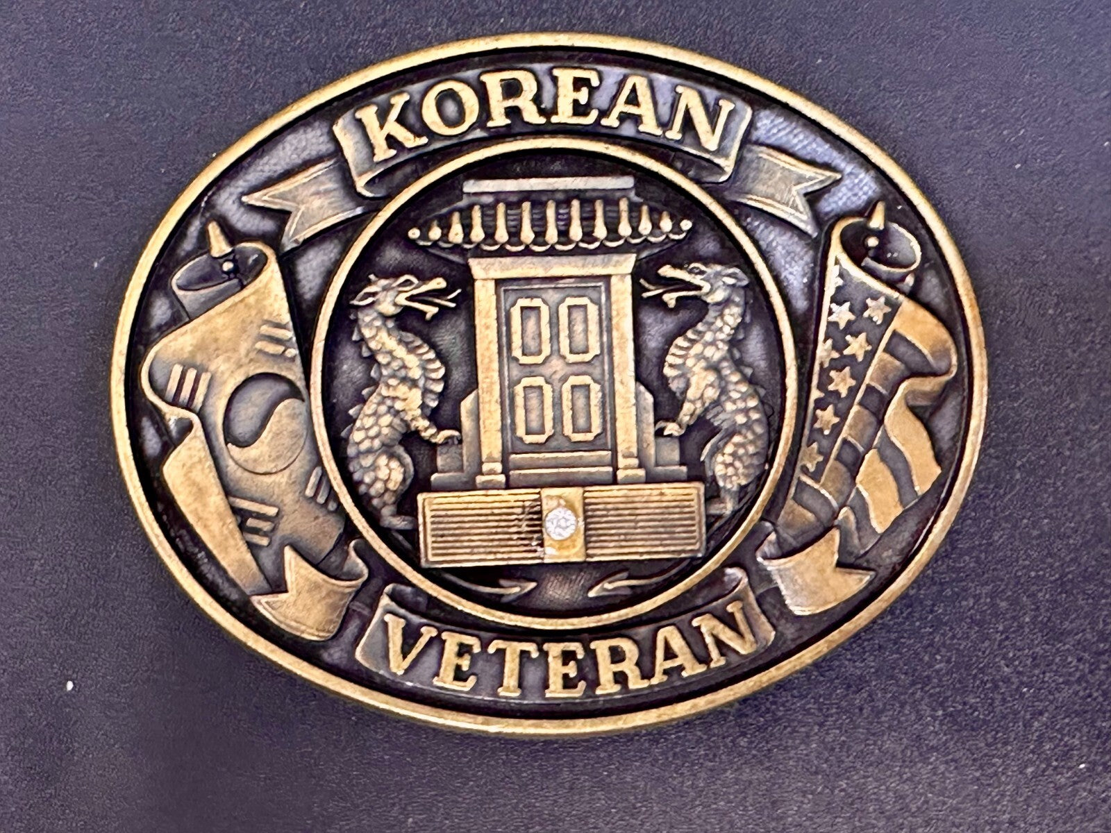 American Korean War Veteran WW II Soldier Commemorative Brass Tone Belt Buckle