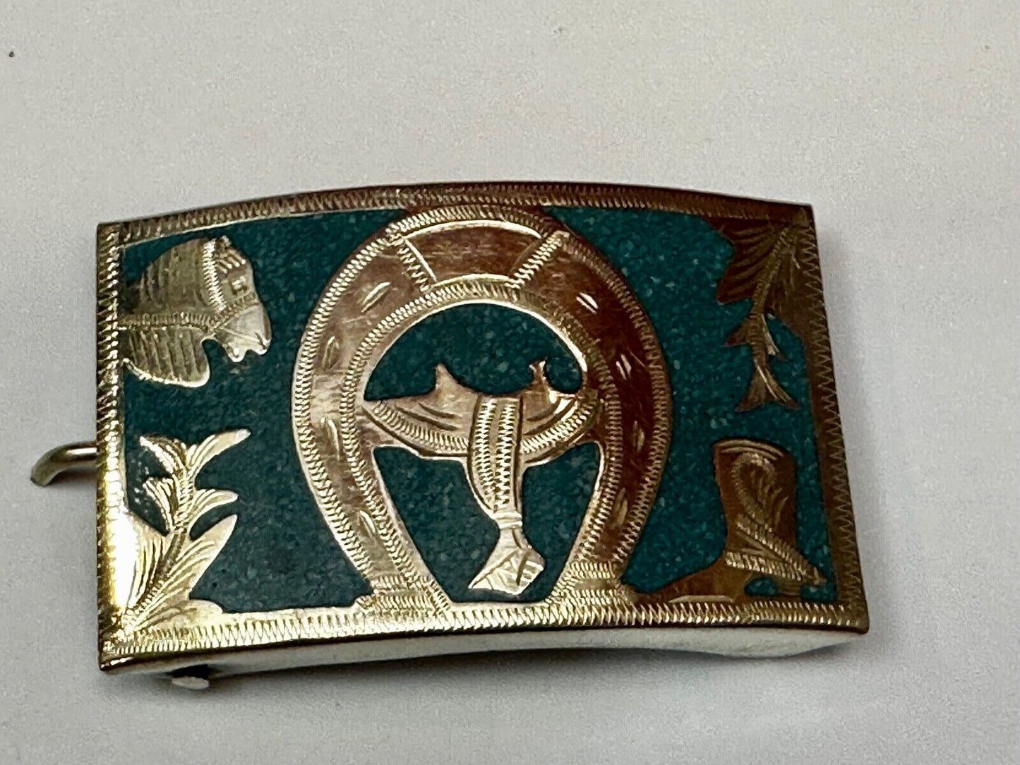 Turquoise Inlaid  Western Horse Cowboy Horseshoe Belt Buckle Stamped Alpaca