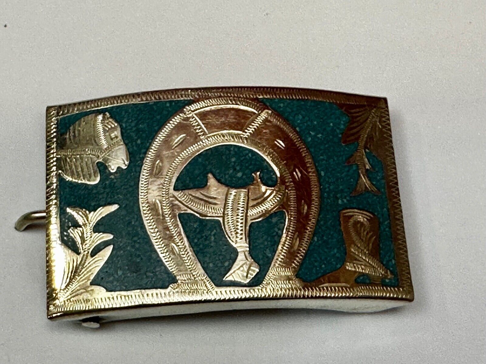Turquoise Inlaid  Western Horse Cowboy Horseshoe Belt Buckle Stamped Alpaca