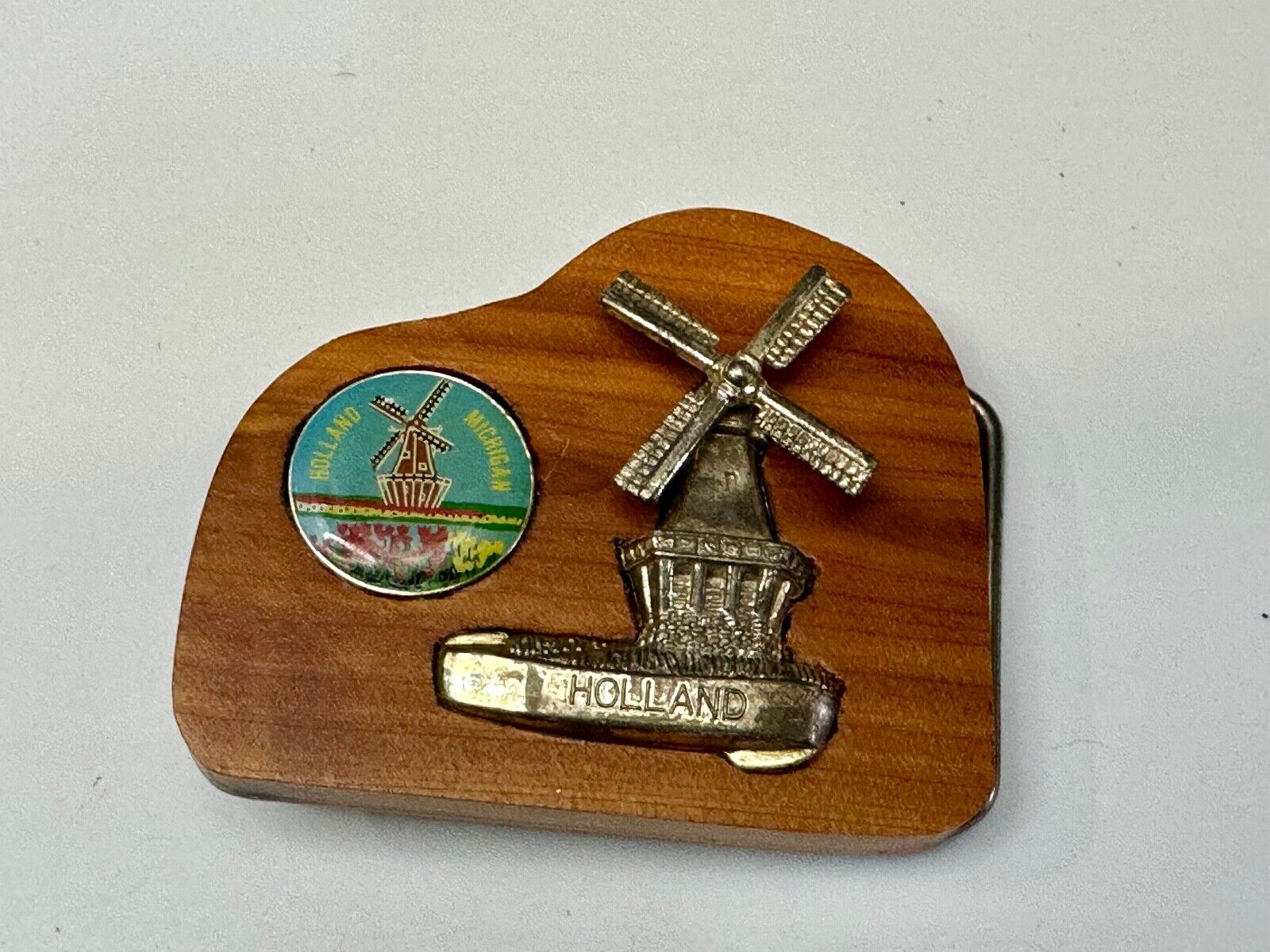 Vintage Artisan Inlaid Holland Michigan Pin and windmill Into wooden Belt Buckle