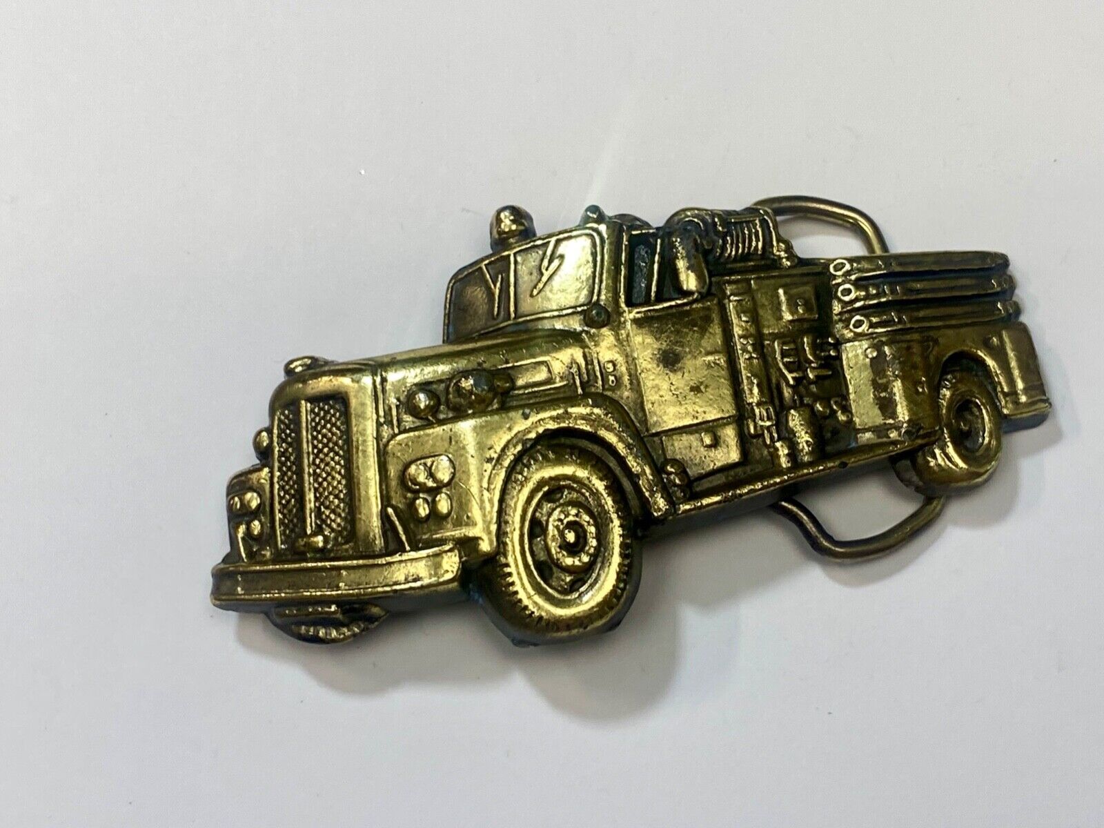 Vintage Figural Fire Truck cut out brass belt buckle