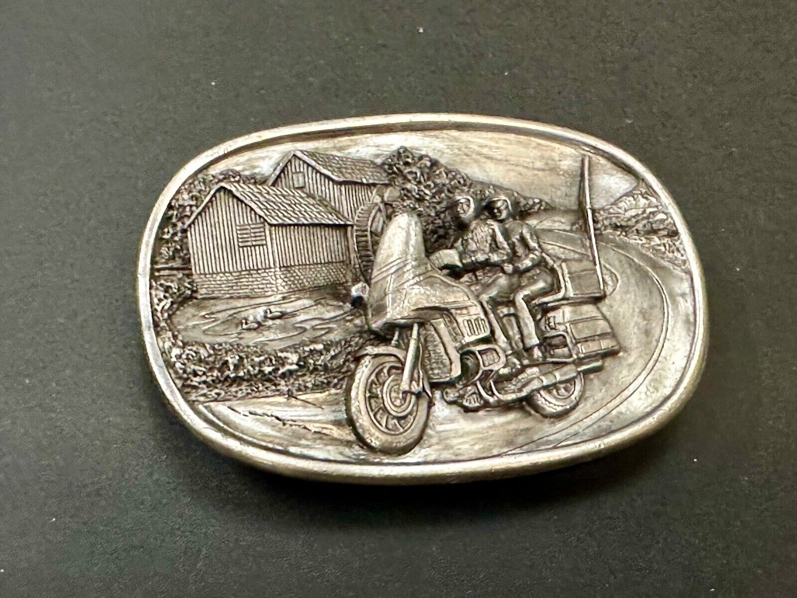 Biker Couple riding on Motorcycle  Vintage 1984 Bergamot belt buckle  L-49 1