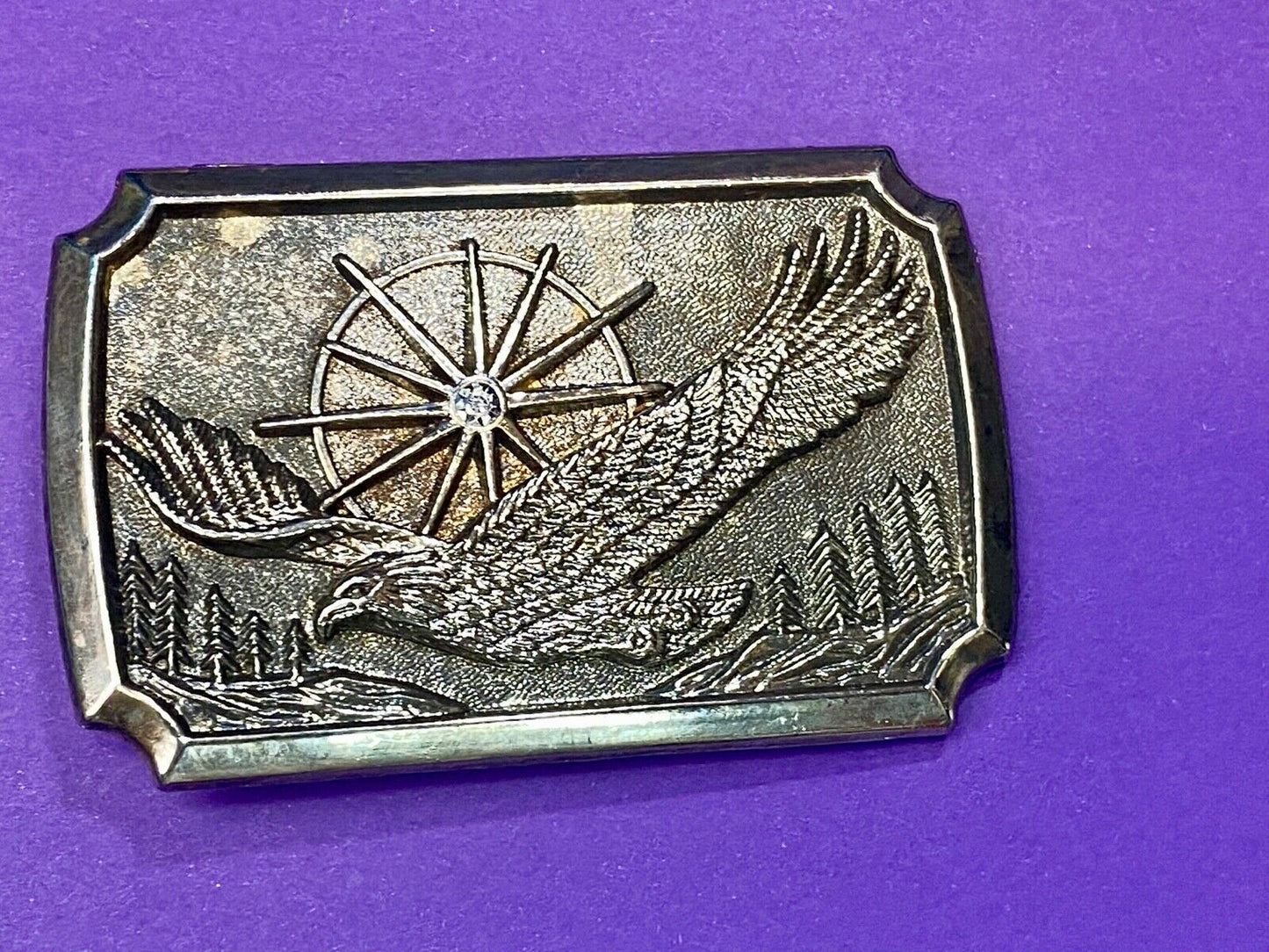 American Eagle Flying wings wide with star sun burst! Rectangular belt buckle 