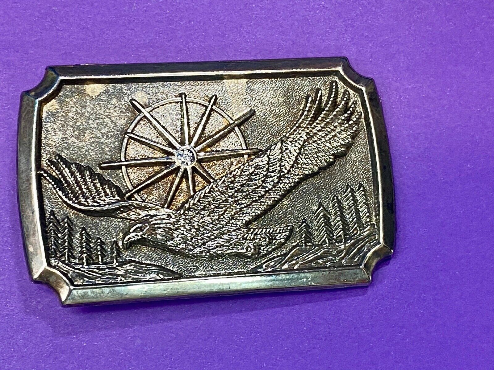American Eagle Flying wings wide with star sun burst! Rectangular belt buckle 