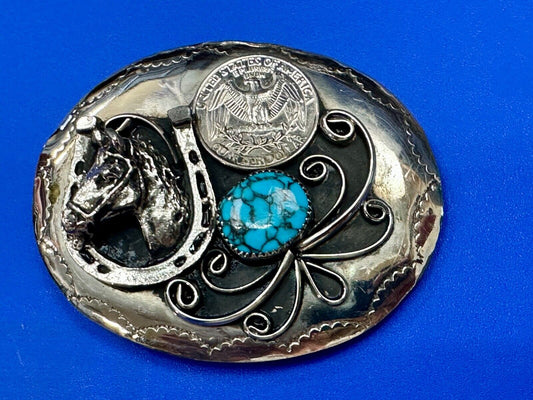 Turquoise Stone Horse Head & Shoe, Quarter Coin Southwestern belt buckle