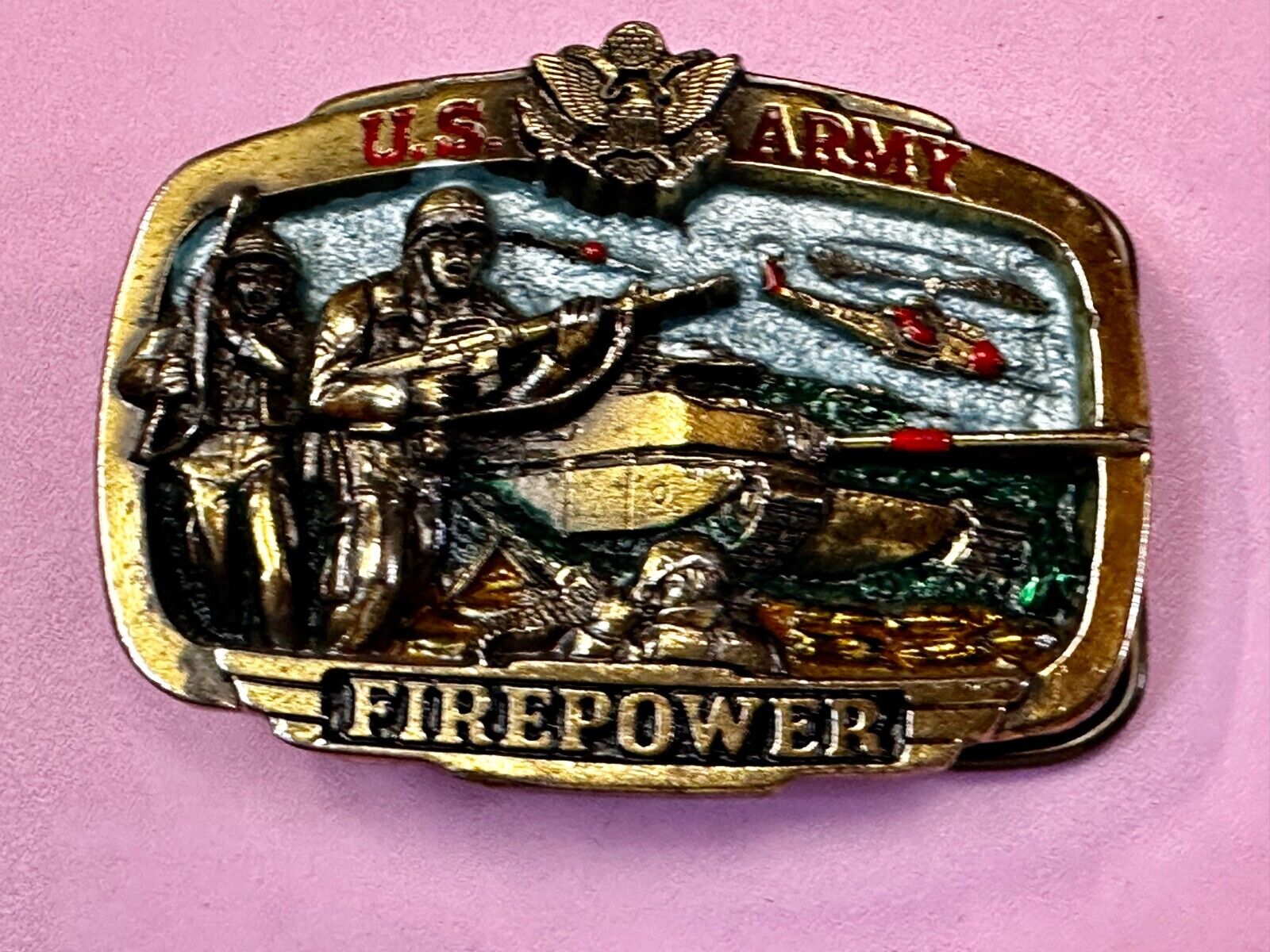 US Army Fire Power The Great American Buckle company Vintage Tank Helicopter