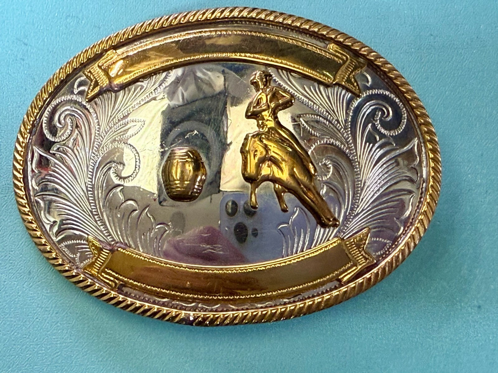 Vintage Barrel Racing Trophy Award Blank Ribbon Vtg. German Silver Belt Buckle