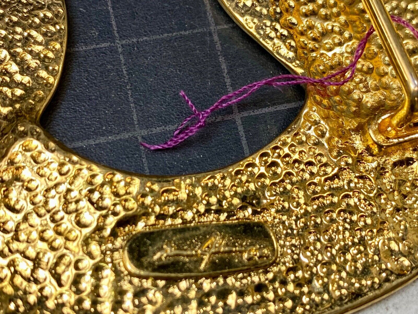 Artist Ginnie Johansen signed gold color abstract oval belt scarf slide