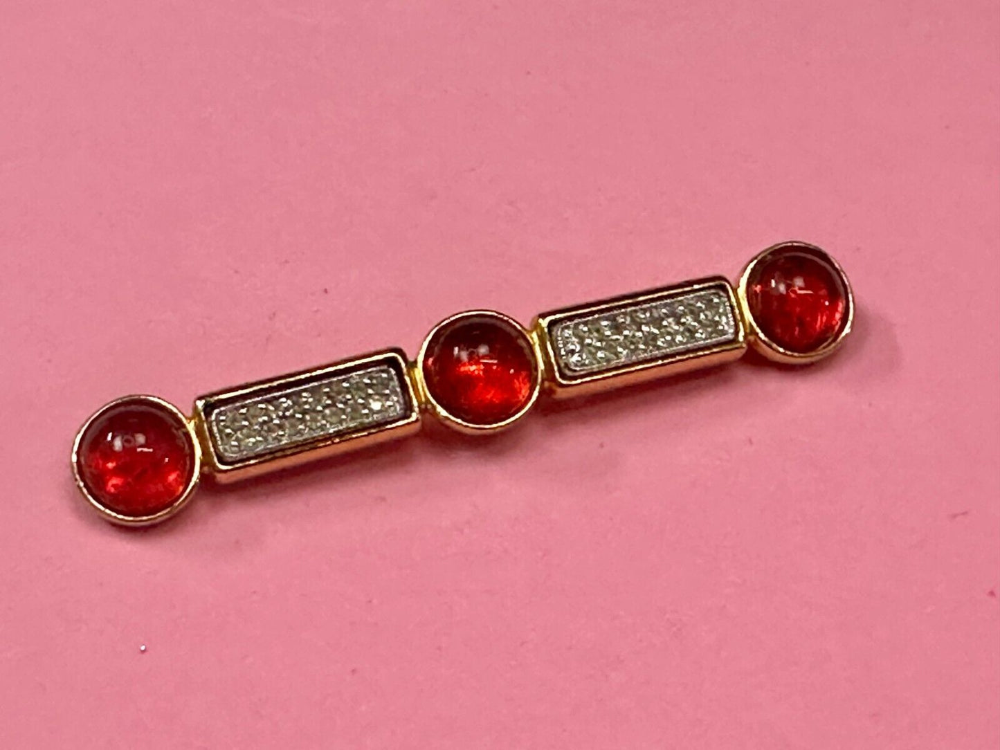 Three Red Round Glass? Vintage Gold Tone Bar Brooch Pin Signed by Ben-Amun