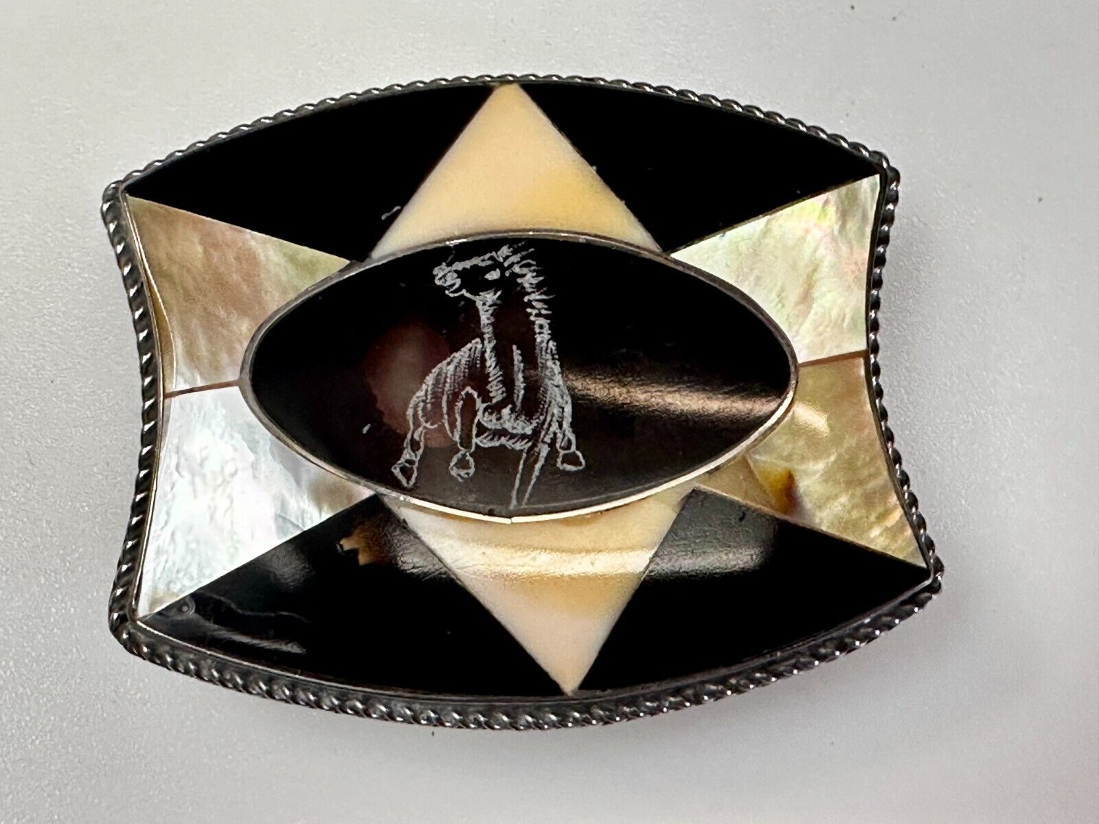 Antique Etched Bronco Mother of Pearl Inlay Artisan Silver? Belt Buckle