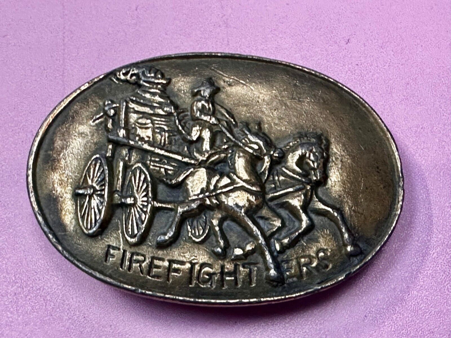 Antique Fire Fighters Fireman Horse Drawn Pumper Wagon Vintage Belt Buckle
