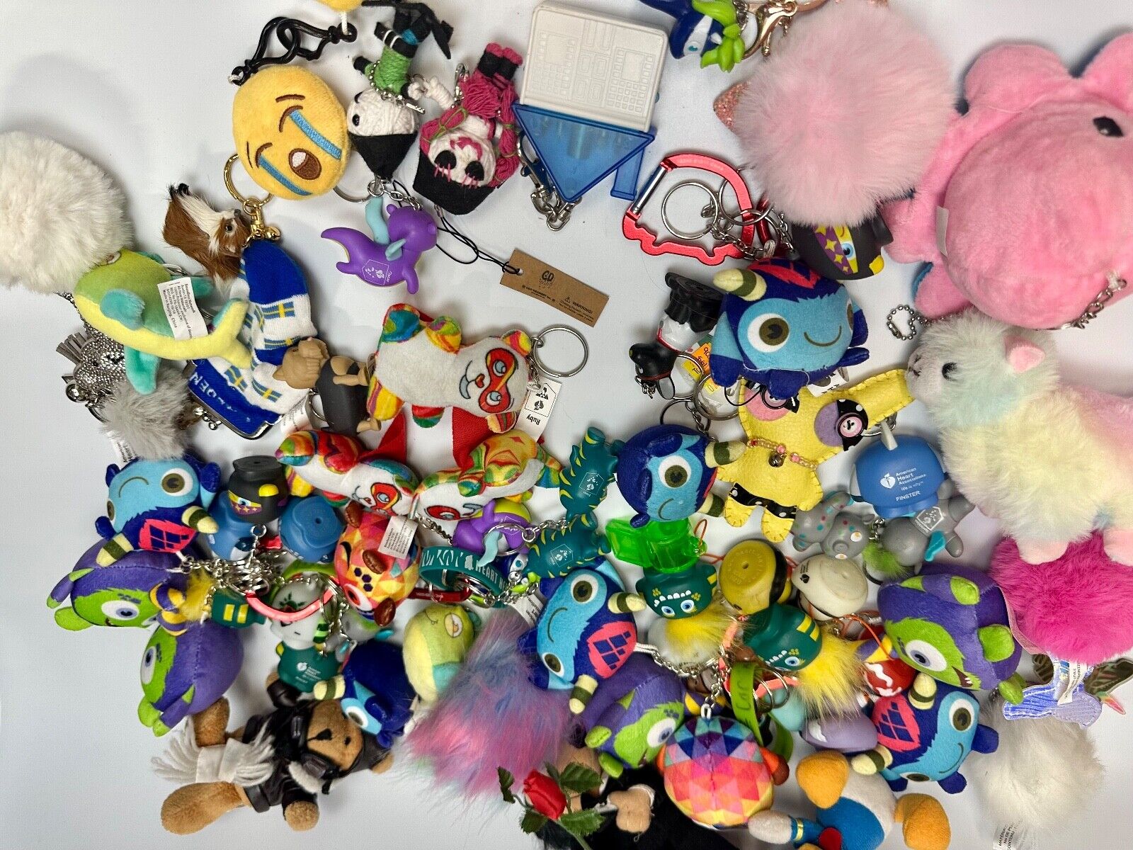 Around 75 plush doll Keychains Resale Bulk Lot, Junk Drawer Grab Bag