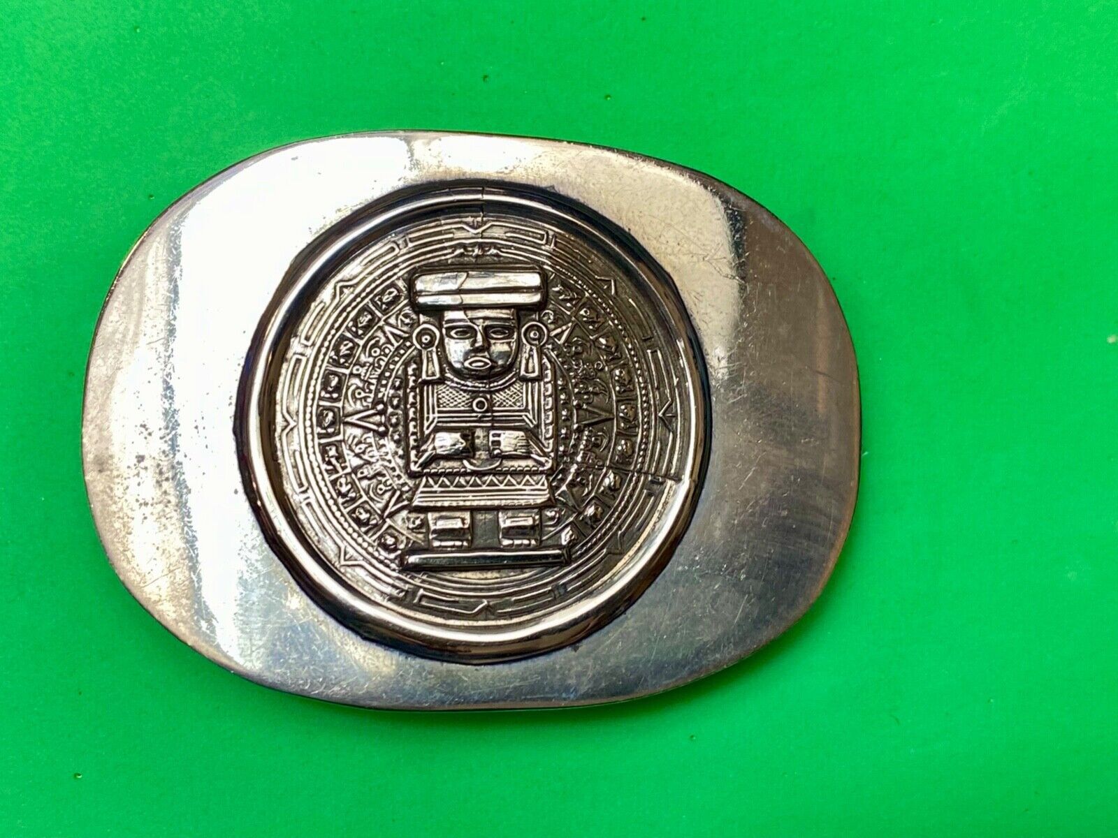 Aztec Calendar Person Figure silver tone? Belt Buckle Mayan Indian