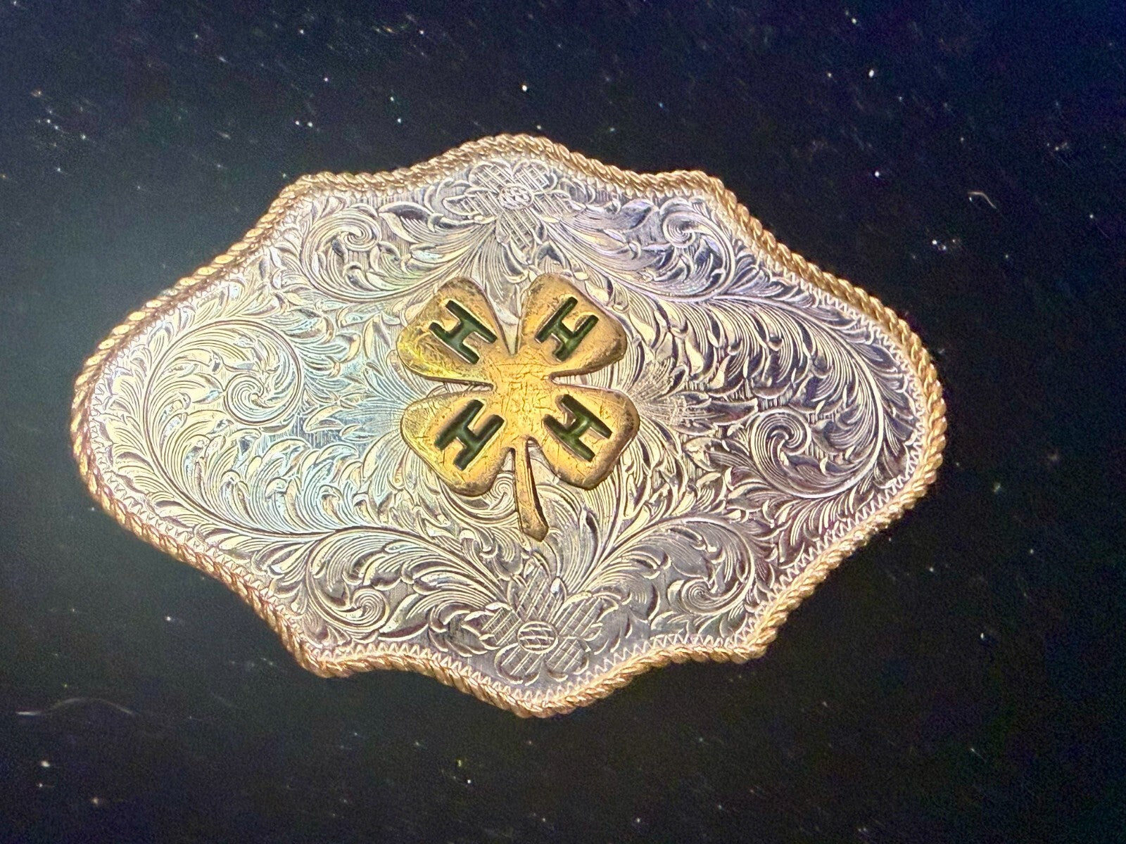 4H Leaf Swirl Ornate German Silver Montana Silversmiths Belt Buckle