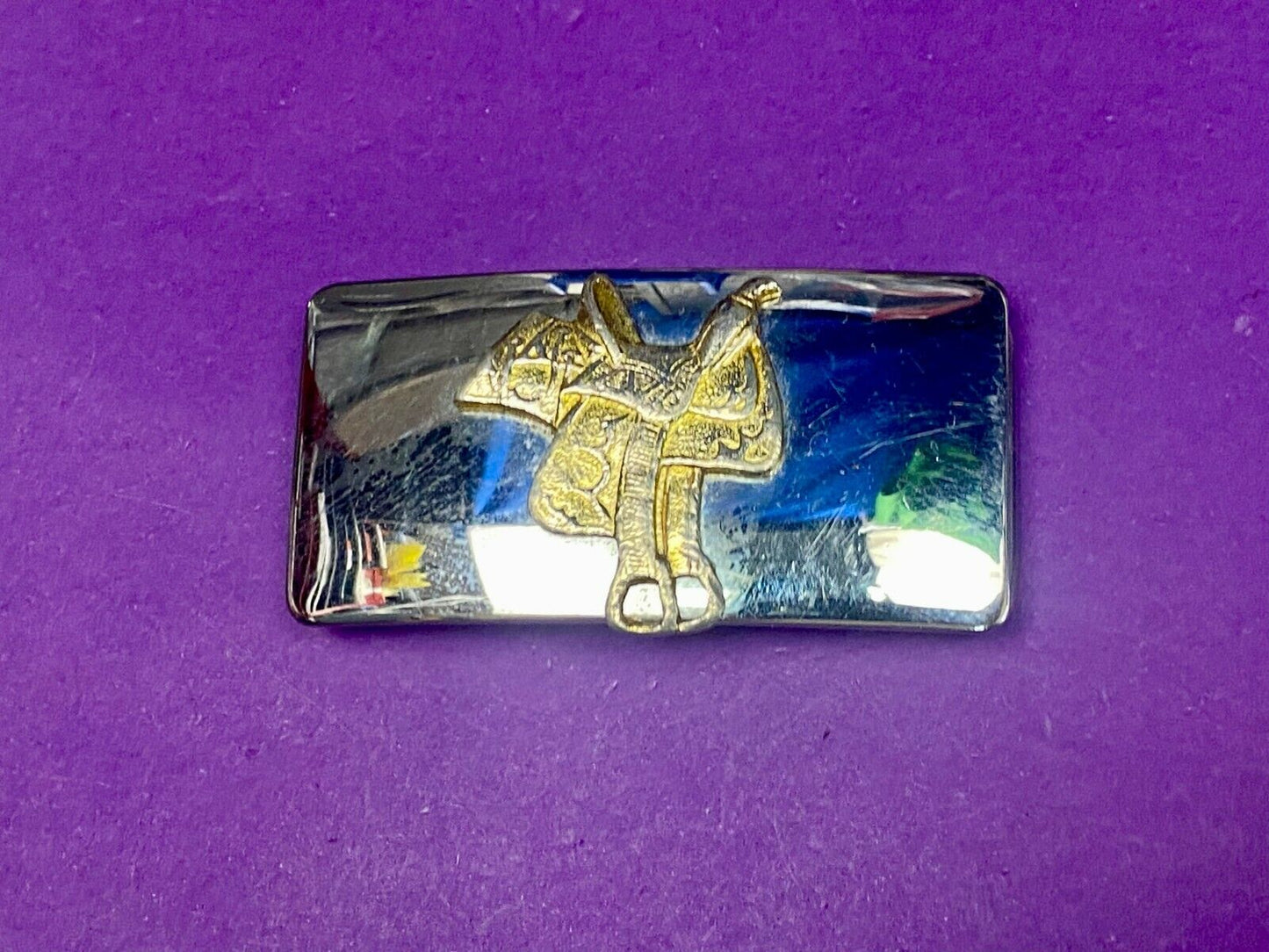 Usa Made Horse Saddle On Vintage Mixed Material Cowboy Belt Buckle