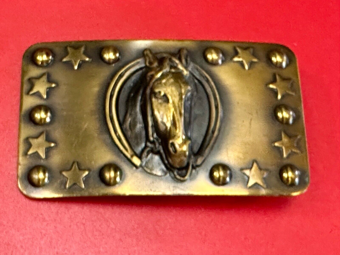 Vintage Horse head belt buckle with stars and circles boarder