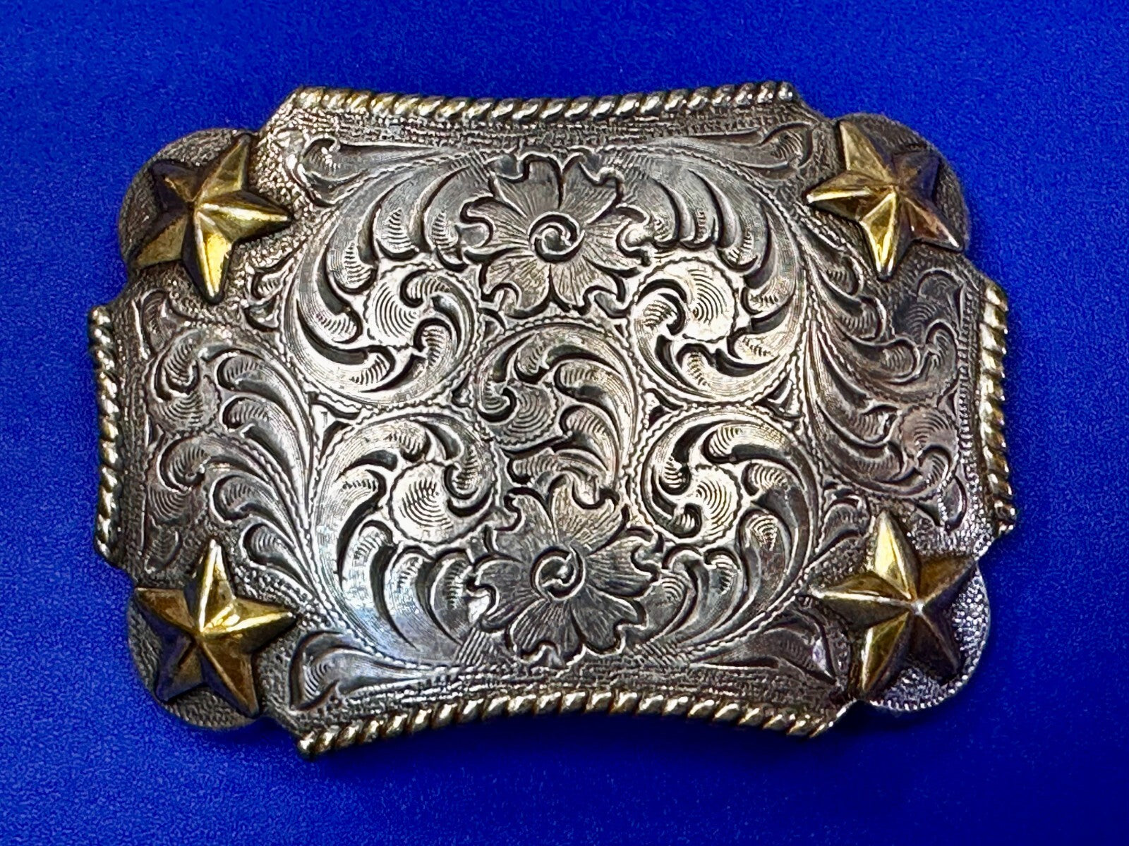 Texas Lone Star Corners Flower Swirl Ornate Western Two Tone Belt Buckle