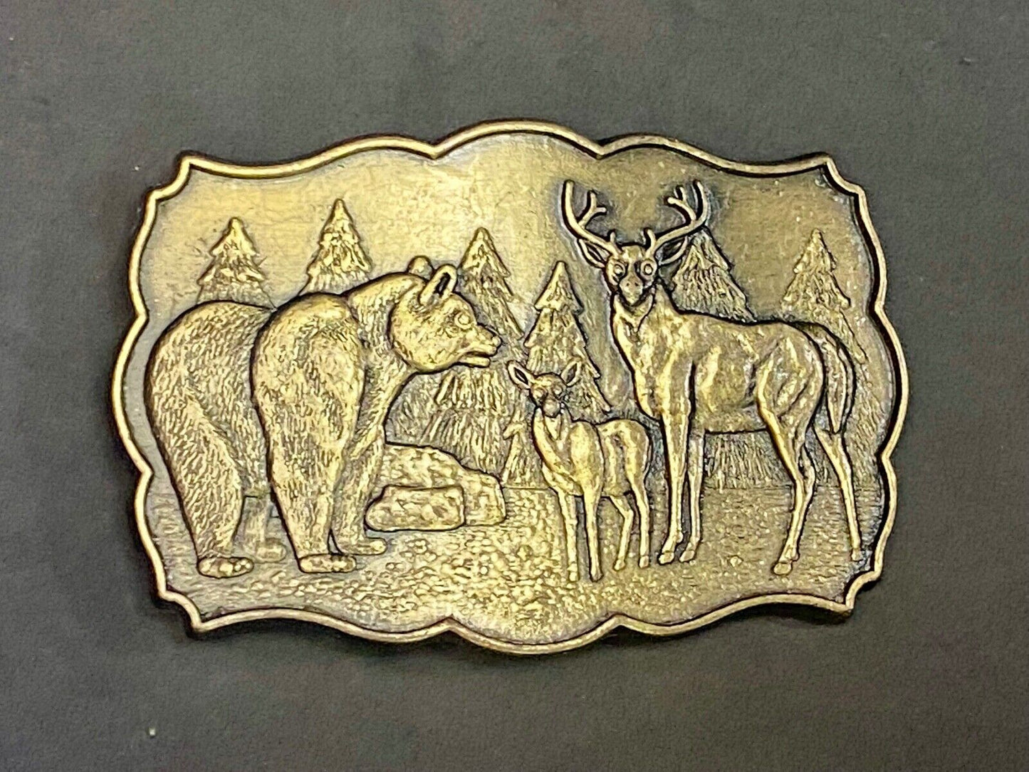Vintage Deer & Doe With Grizzly Bear In Pine Trees Nature Scene Belt Buckle 