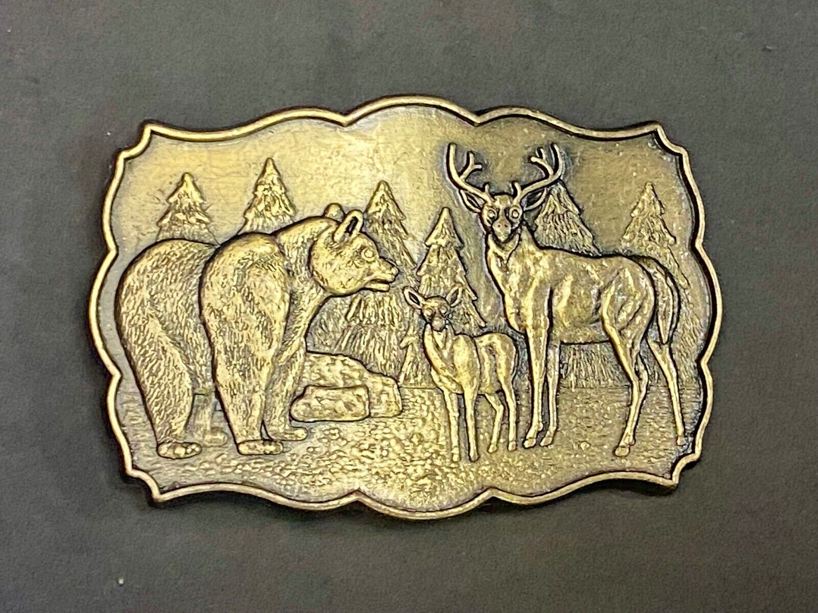 Vintage Deer & Doe With Grizzly Bear In Pine Trees Nature Scene Belt Buckle 