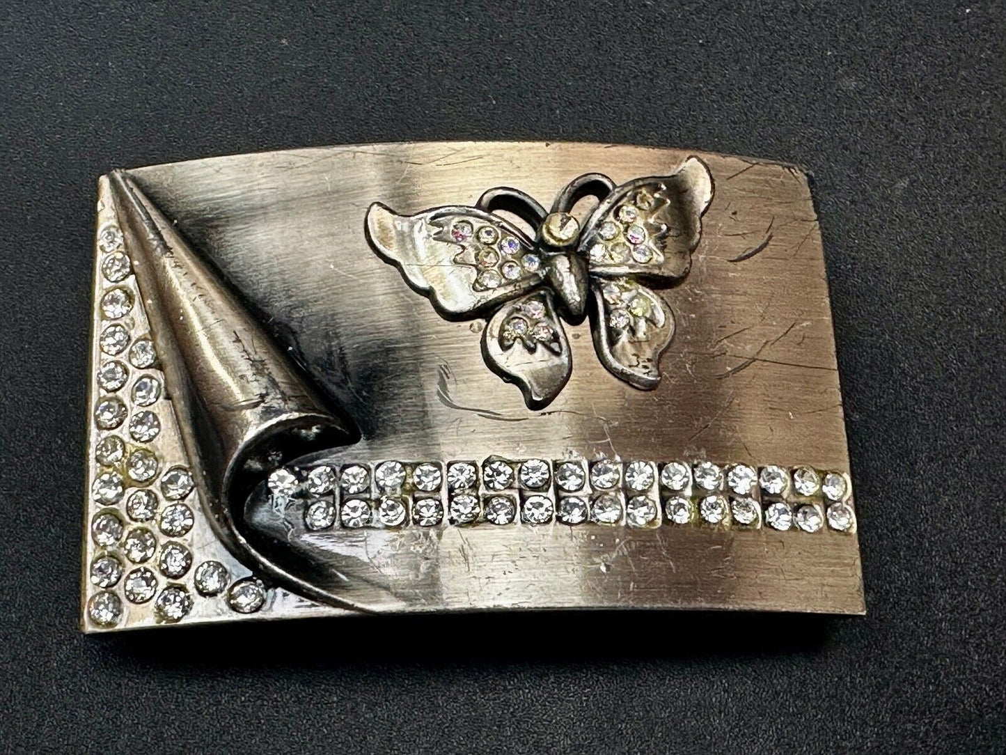 Unique Butterfly Theme Rhinestone Accented Vintage Silver Tone Belt Buckle