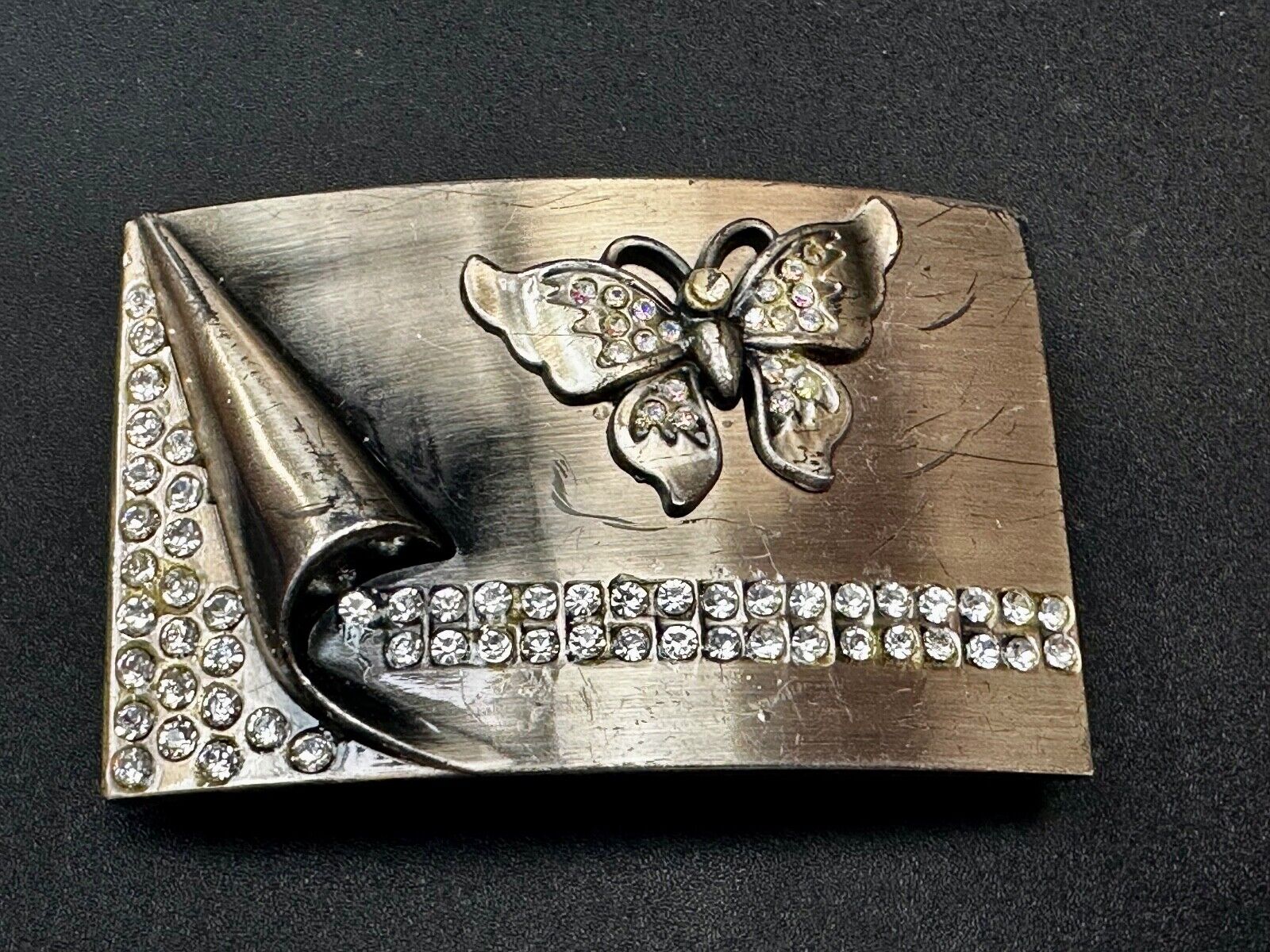 Unique Butterfly Theme Rhinestone Accented Vintage Silver Tone Belt Buckle