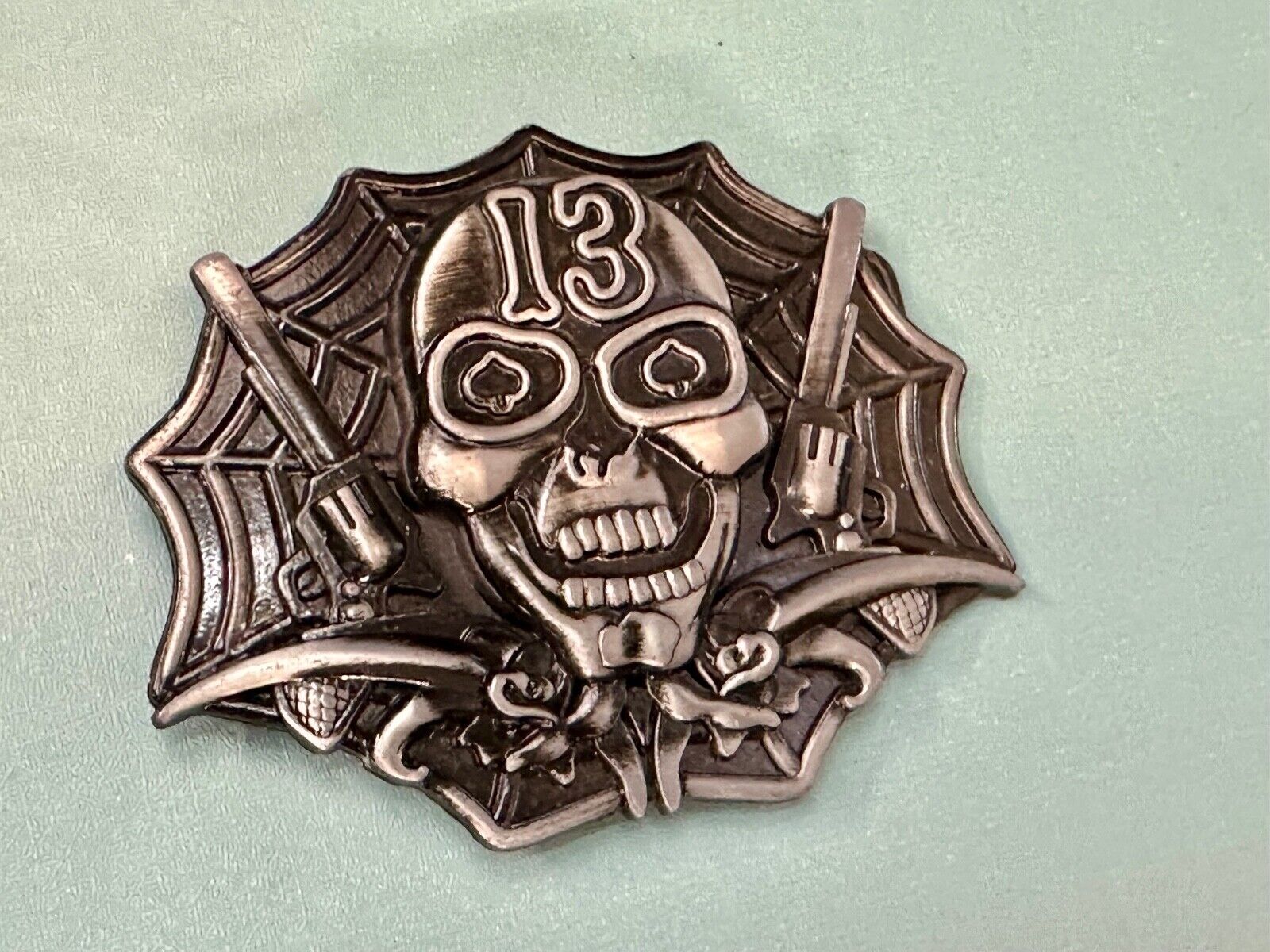Vampire Skull with bat wings and number 13 metal belt buckle