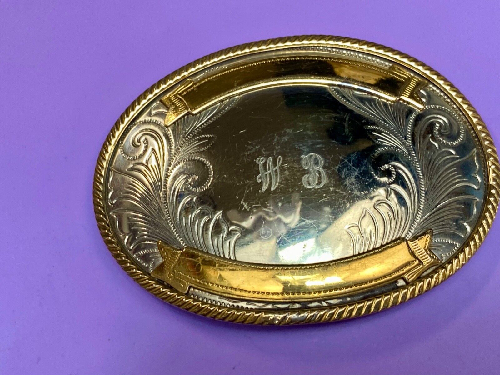 Vintage German Silver two tone rodeo award trophy style engraved belt buckle