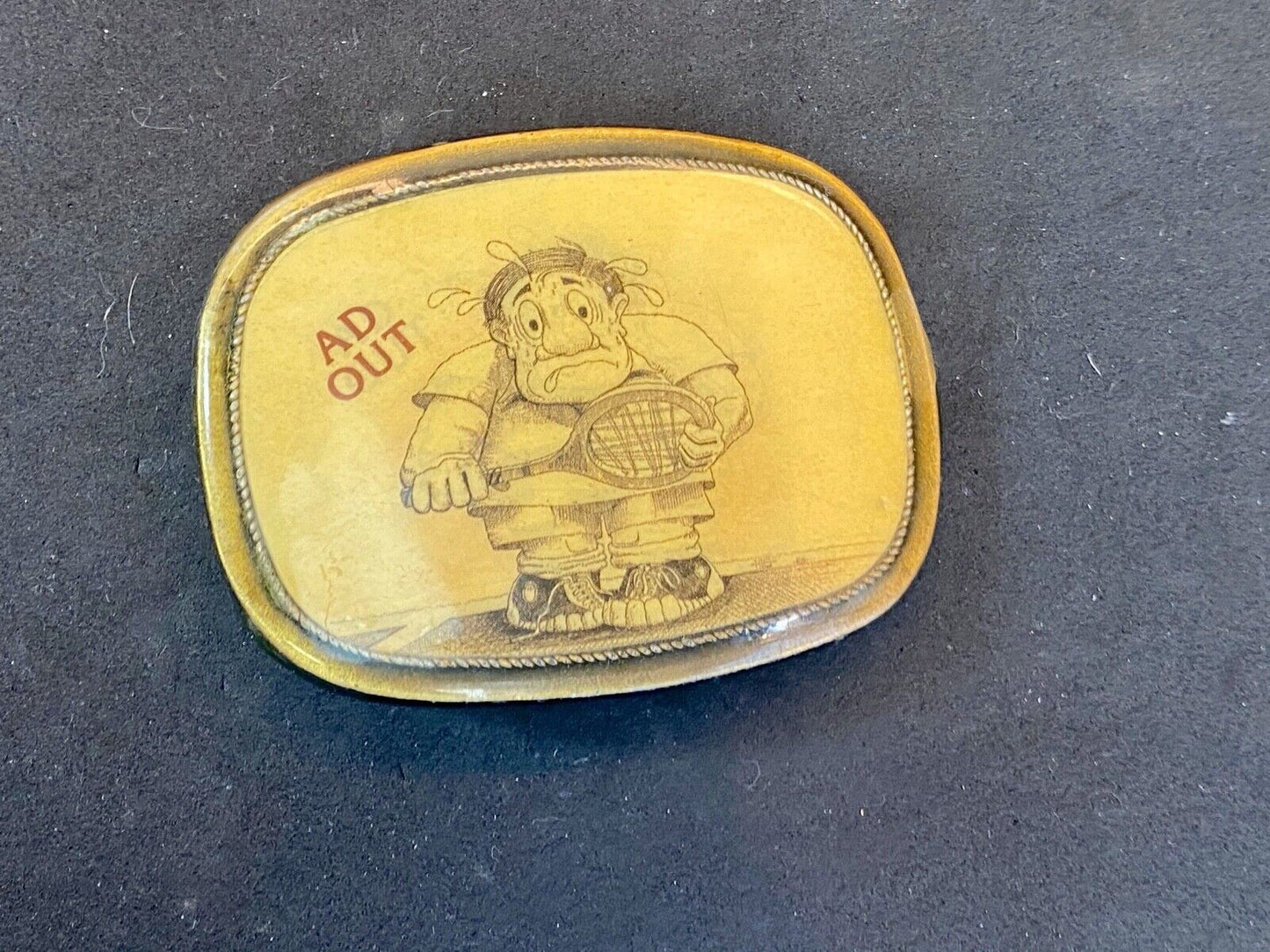Vintage 1980'S "Ad Out ' Tennis  Humor Belt Buckle Brass Enamel Squirrel Club