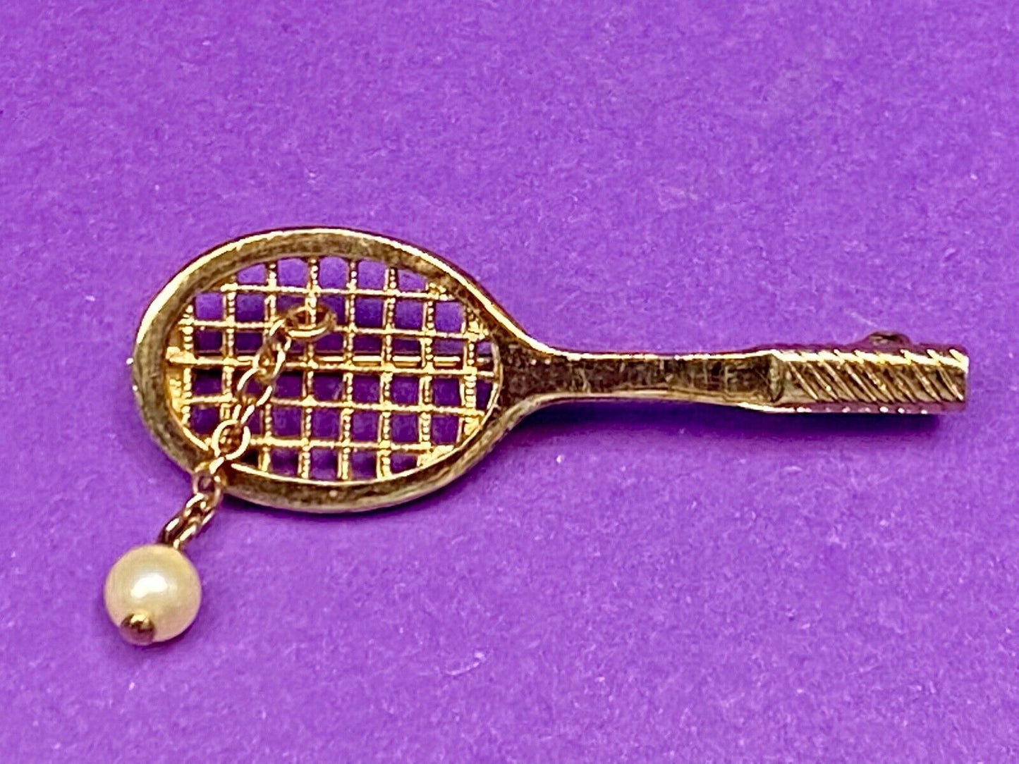 Vintage Avon Jewelry Goldtone Tennis Racquet Brooch Faux Pearl Ball, 1 3/4" long