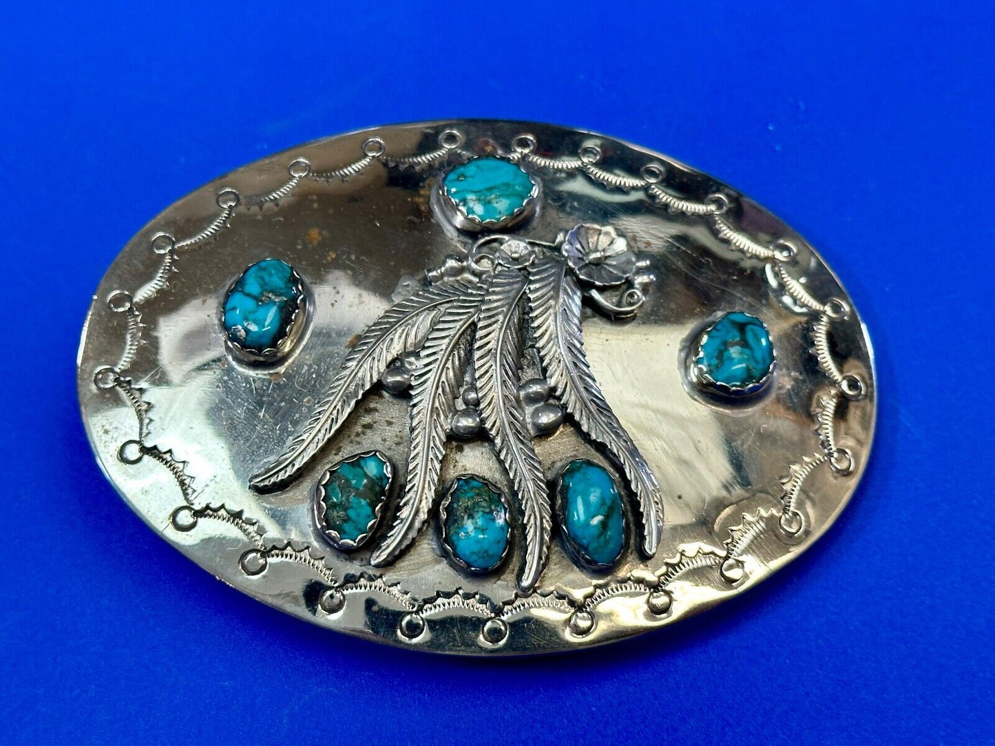 Unique 1980 signed multipal turquoise stones & Feathers belt buckle